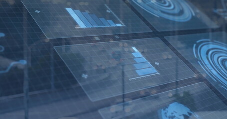 Displaying central bar graph panel over digital grid, with glowing nodes and world map fragment