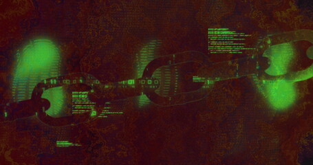 Floating chain links streaming binary digits in digital space, with green code and spheres