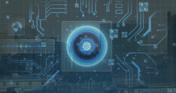 Displaying glowing blue circular HUD interface over digital grid, with circuit lines, data panels