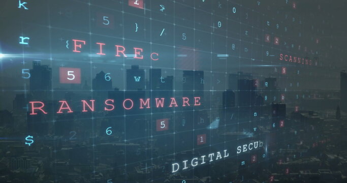 Displaying red RANSOMWARE text overlay above urban skyline at dawn, with grid of cybersecurity code