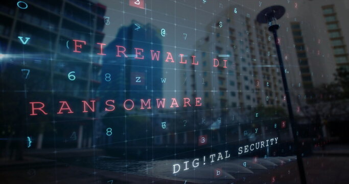 Displaying digital security overlay highlighting ransomware text on dusk city walkway, with grid - Powered by Adobe