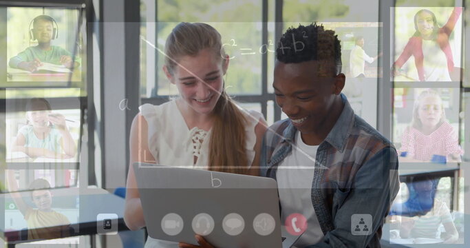 Smiling teenager and tutor studying silver laptop at desk, with online calls and chalkboard overlay