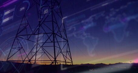 Showing electricity transmission tower against rural dusk sky, with data overlays, copy space