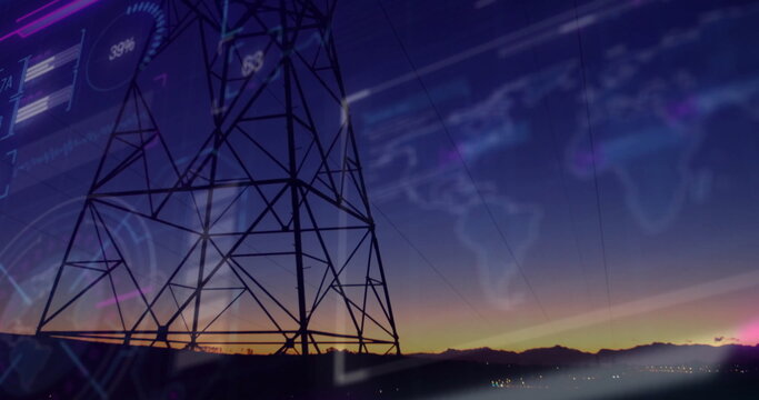 Showing electricity transmission tower against rural dusk sky, with data overlays, copy space