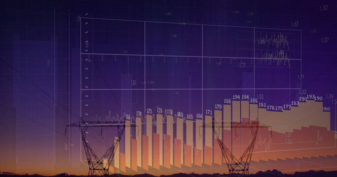 Displaying power pylons with rising 3D data bars and wireframe axes over rural dusk landscape