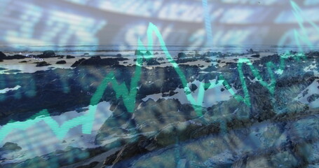 Displaying rocky tide-pool coastline at low tide under overcast, with overlaid financial chart data