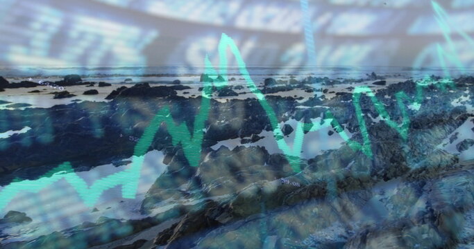 Displaying rocky tide-pool coastline at low tide under overcast, with overlaid financial chart data