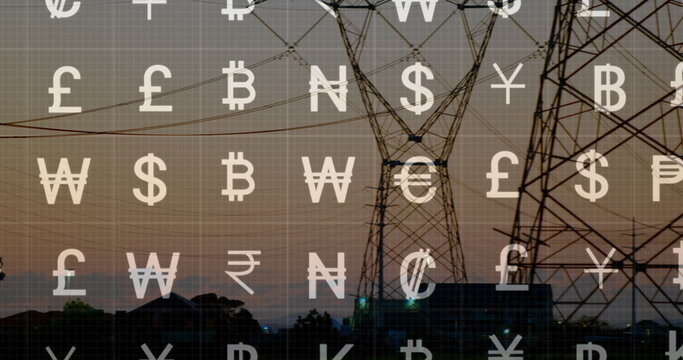 Featuring tower framing power lines against dusk sky at edge, with currency icon grid, copy space - Powered by Adobe