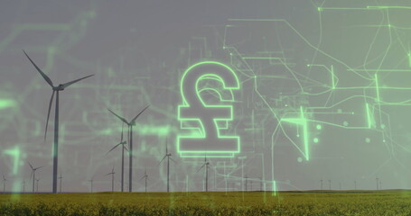 Showing neon-green pound sign hovering above yellow field at wind farm, turbines and circuit lines