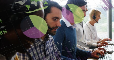 Bearded agent in plaid shirt handling calls in call center, with headset and charts overlay