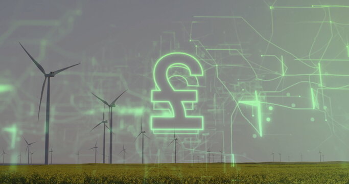 Showing neon-green pound sign hovering above yellow field at wind farm, turbines and circuit lines