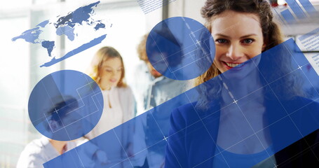 Standing business team smiling and collaborating in office with overlays on glass wall, copy space