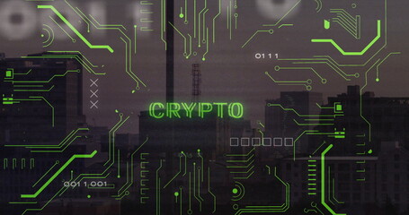 Displaying neon green CRYPTO text overlaying urban skyline at dusk, with circuit board graphics