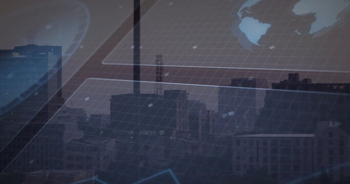 Presenting night urban skyline featuring grid overlay and floating data map panels from rooftop