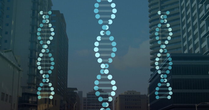 Floating translucent digital DNA helix pattern above urban street scene, with two smaller helices