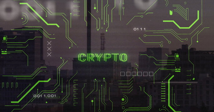 Displaying neon green CRYPTO text overlaying urban skyline at dusk, with circuit board graphics