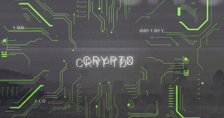 Displaying glitchy CRYPTO text pulsing over skyline, with neon green circuit traces and binary code