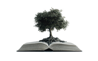 Artistic depiction of a flourishing tree emerging from an open book representing learning and nature isolated on transparent background PNG