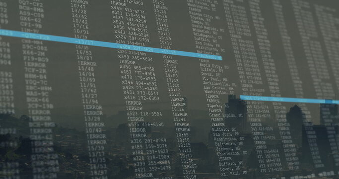 Streaming error logs with numeric codes across transparent display in workspace, city skyline view