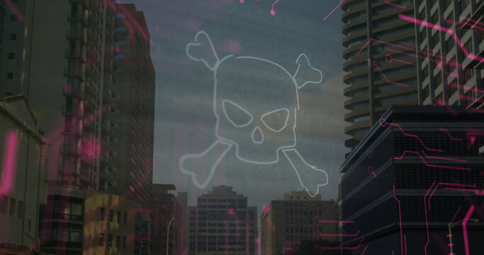 Floating white skull and crossbones over downtown towers and crane, with magenta circuit motifs - Powered by Adobe