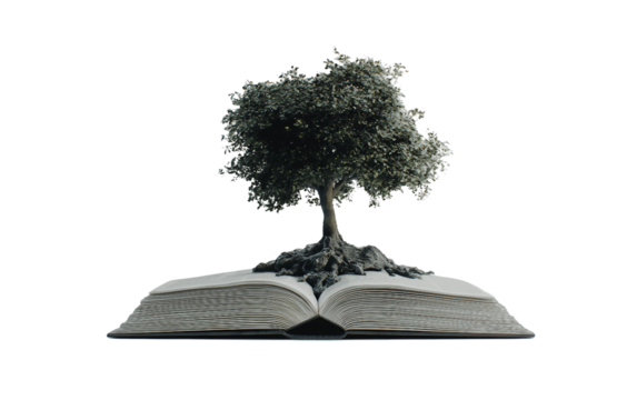 Artistic depiction of a flourishing tree emerging from an open book representing learning and nature isolated on transparent background PNG