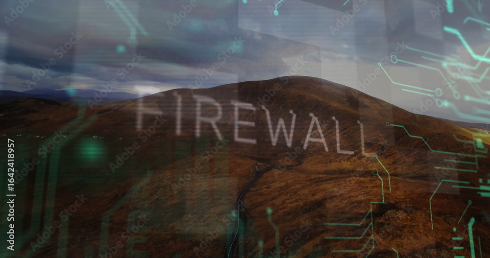 Wall mural displaying large firewall text overlaying rural mountain road with turquoise circuit patterns