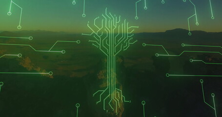 Displaying central neon green circuit tree overlaying valley landscape at dusk with circuit traces