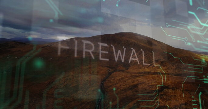 Fototapeta Displaying large FIREWALL text overlaying rural mountain road with turquoise circuit patterns