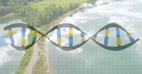 Naklejka premium Hovering stylized DNA helix twisting above aerial forest peninsula and calm lake, with grid overlay