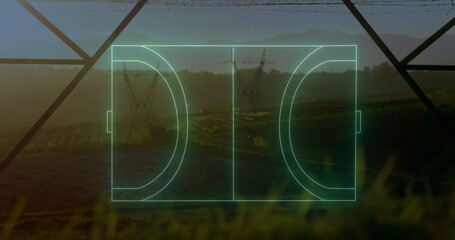 Obraz premium Projecting glowing holographic soccer field overlay over fields with grass, steel tower and pylons