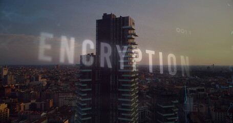 Featuring high-rise tower showing terraces at city rooftop with ENCRYPTION binary code overlay