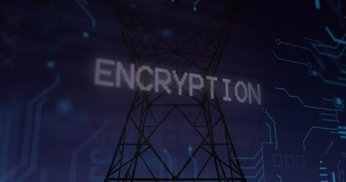 Displaying transmission tower overlaying ENCRYPTION text in digital backdrop, with glowing circuits - Powered by Adobe