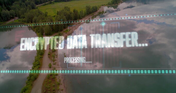 Displaying encrypted data transfer interface overlaying aerial forest shore view with progress bars - Powered by Adobe