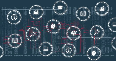 Displaying icon network depicting information, search and analytics, education on blue screen