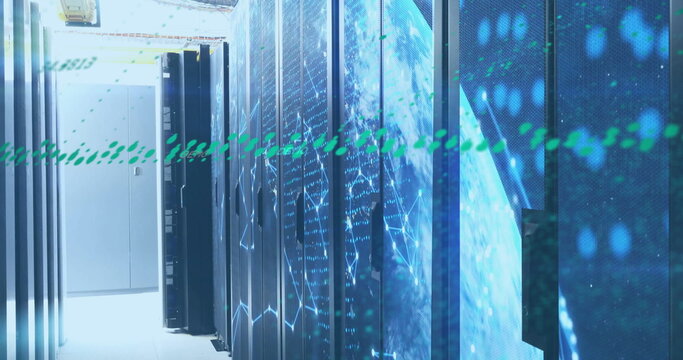 Showcasing server racks with lit units cabling globe overlay and floating green code in data center