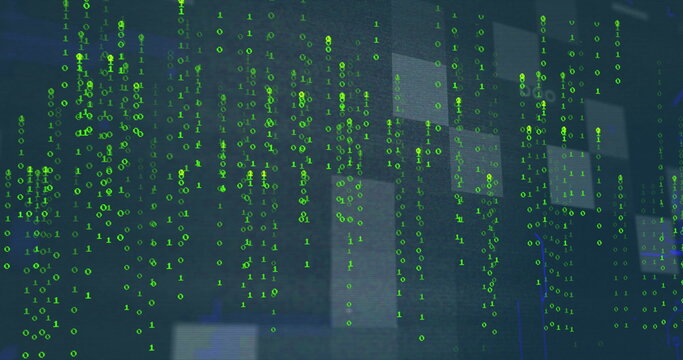Streaming bright green binary digits flowing across dark blue digital backdrop, with grid overlays
