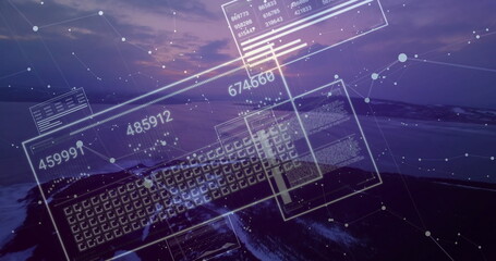 Floating digital interface overlay on twilight beach, showing numeric panels and network nodes