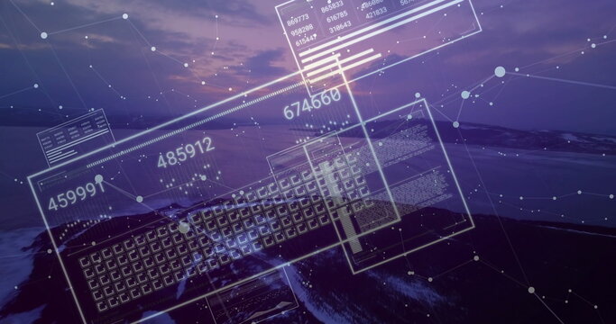 Floating digital interface overlay on twilight beach, showing numeric panels and network nodes