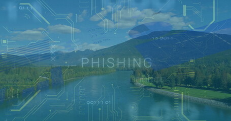Displaying transparent PHISHING overlay hovering above forested river valley, with binary code