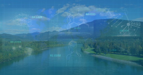 Overlaying river valley, displaying interface with grid overlay, DNA helix and brain