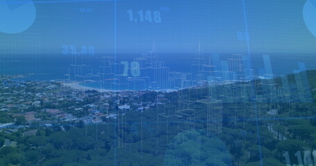 Displaying wireframe overlay showing proposed high-rise outlines on seaside town, with data points