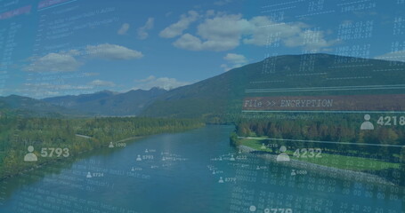 Flowing river winding through forested valley, showing code snippets, binary data, encryption label