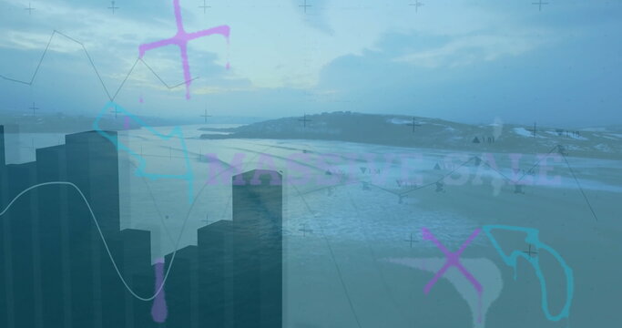 Muted coastal bay showing data overlays, with bar charts, multicolor lines, crosshairs