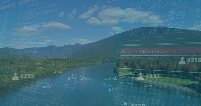 Flowing river winding through forested valley, showing code snippets, binary data, encryption label