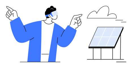 Person wearing augmented reality glasses gesturing next to solar panel and cloud. Ideal for clean energy, renewable resources, innovation, AR technology, sustainability, modern tech, future vision