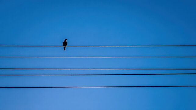 Solitary bird perched on power lines against a vibrant blue sky.