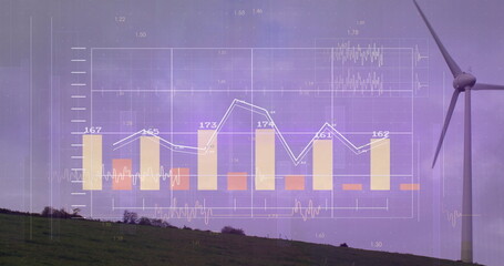 Towering white wind turbine rotating on grassy hill, showing yellow-orange bars overlay, copy space