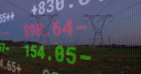 Spanning lattice transmission towers across rural dusk field, with translucent stock ticker data