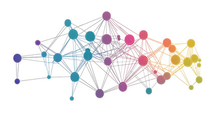 A colorful network of dots is displayed on a white background. The dots are arranged in a way that they form a complex web of connections, suggesting a network of relationships or ideas