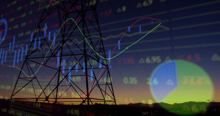 Featuring pylon silhouette against dusk hills showing candlesticks line graphs with data, pie chart